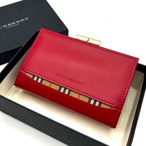 【未使用級】BURBERRY バーバリー ノバチェック コインケース 小銭入れ がま口 財布 ウォレット レザー 赤 レッド 箱 付属品完備