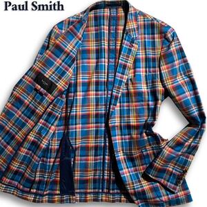 極美品/入手困難◎ ポールスミス Paul Smith テーラードジャケット 近年タグ SOHO チェック 総柄 パイピング マルチカラー ブルー系