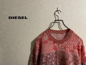 ◯ DIESEL ペイスリー パッチワーク ニット / ディーゼル コットン リネン クルーネック パネル ジャガード レッド 赤 S Mens #Sirchive