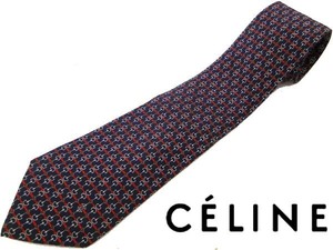 ●本物 美品 CELINE セリーヌ 100％シルク ネクタイ ビット金具 ネイビー系 ハンドメイド スペイン製 ヴィンテージ