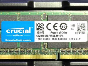 【DDR3L ノート用メモリー 16GB/1枚】クルーシャル crucial 204ピン 1600MT/s / PC3L-12800 / CL11 / 204pin / 1.35V/1.5V / SODIMM