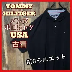 ブラック メンズ 2XL トミーヒルフィガー 無地 USA古着 半袖 ポロシャツ