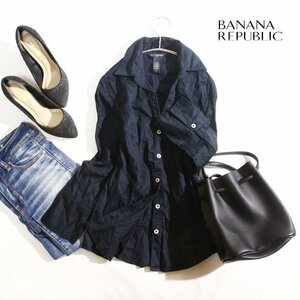 バナナリパブリック Banana Republic 秋 冬 シンプル ストレッチ 8分袖 シャツ XS ネイビー 紺 縊れ 無地