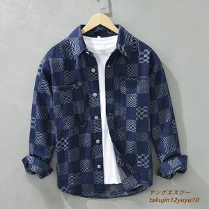 正規品 デニムシャツ 秋新品 メンズ 長袖シャツ チェック柄シャツ ヴィンテージ 超希少 極美品 デニムジャケット カジュアル 心地良し 2XL