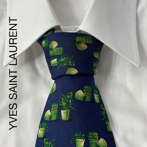 YVES SAINT LAURENT イヴサンローラン 花瓶 パターン柄 シルク ネクタイ ネイビー TG387