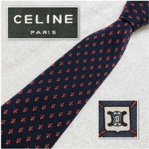 CELINE セリーヌ　ネクタイ　菱形　ロープ　トリオンフ　総柄　シルク100% スペイン製　ブルー系×ボルドー×グレー　ビジネス