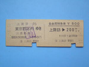 切符 鉄道切符 国鉄 硬券 D型 D型券 特急券 乗車券 上諏訪 → 東京 51-8-18 上諏訪駅 発行 (Z288)