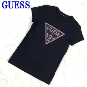 GUESS ゲス 半袖ラメプリントTシャツ ブラック立体プリント カジュアル シルバーラメ XS C874