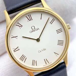 【稼働品】美品 オメガ OMEGA デビル DEVILLE メンズ 腕時計 クオーツ QZ ゴールド ラウンド ローマ数字 純正ベルト 1365 動作 y20