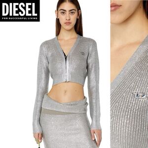 新品 未使用 タグ付き S ★定価58,300円 DIESEL ディーゼル レディース Dロゴ ニット カーディガン 箔プリント ショート丈 ミドルゲージ 32