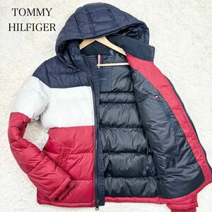 【美品】 TOMMY HILFIGER トミーヒルフィガー 【圧倒的高級感】 メンズ ダウンジャケット 中綿 アウター トリコロール リブ切替 フーデット