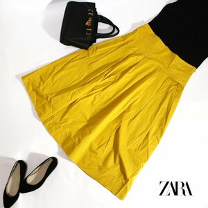 美品 ザラ ウーマン ZARA woman ■ 春 夏 きれい色 ステッチ ロング丈 ミモレ丈 フレアスカート L イエロー 黄色 コットン ハリ シャツ生地