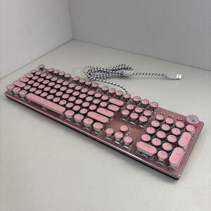 有線パンクキーボード メカニカルキーボード レトロなラウンドキーキャップ タイプライター風 pink ピンク 光る バックライト USB rs0089