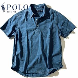 【RALPH LAUREN】大人カジュアルの爽やか魅せに◎!!ラルフローレン インディゴ染めシアサッカーシャツ プルオーバーシャツ 刺繍 BDシャツ