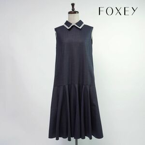 美品 FOXEY NEW YORK フォクシー 22SS 襟レース ノースリーブフレアワンピース 膝丈 裏地あり レディース 紺 ネイビー サイズ40*OC144