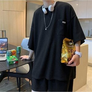 夏 ショートパンツ セットアップ メンズ 上下セット Tシャツ ハーフパンツ 半袖Tシャツ ブラック XL