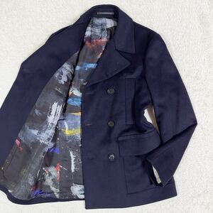 希少L◎ポールスミス【裏地で魅せる一着】Paul Smith ダブルブレスト マリンコート ジャケット ウール100% 裏地総柄 刻印釦 ネイビー 紺