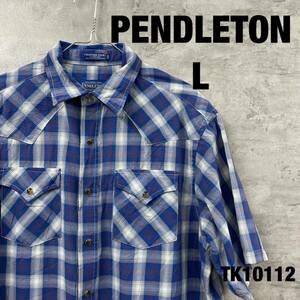 PENDLETON ペンドルトン シャツ 半袖 ブルー チェック柄 L メンズ 春夏 スナップボタン コットン RN29685 USA 海外輸入 古着 TK10112