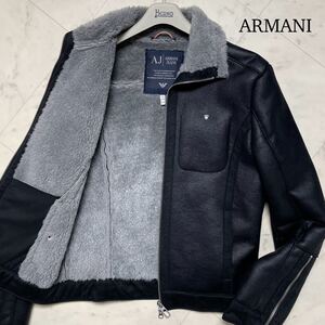 未使用級/L相当★ アルマーニ ジーンズ ARMANI JEANS 裏ボア Fムートン ジャケット ライダース ブルゾン size50 Wジップ ブラック メンズ