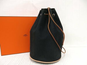 ◆美品◆HERMES エルメス◆ポロションミミル◆キャンバス カーフ レザー 本革◆巾着 ショルダー バッグ◆ブラック ブラウン SV金具◆A6709