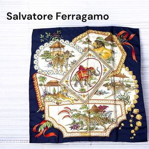 Salvatore Ferragamo サルヴァトーレフェラガモ スカーフ 絹 シルク スカーフ ネイビー×アイボリー アニマル 動物 大判 ファッション小物