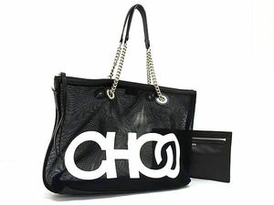 1円 ■美品■ JIMMY CHOO ジミーチュウ ナイロン×レザー メッシュ トートバッグ ショルダーバッグ 肩掛け ブラック系 FC9435