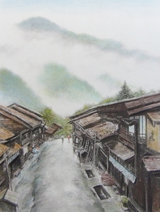 ◎色鉛筆での塗り絵・宅配８０サイズ・風景画 田園風景　絵画　(208×265）色鉛筆画