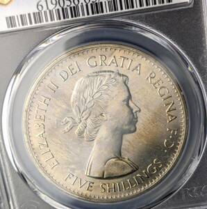 惹かれる！希少なプルーフライク★1960年 イギリス ヤングヤングエリザベス クラウン白銅貨 PCGS PL65 ニューヨーク英国博覧会 英国 コイン