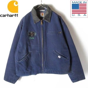 80s USA製 carhartt 100周年記念モデル デトロイト ジャケット 紺系 XL程度 フェード ネイビー カーハート インディゴ D150-18-0128ZW