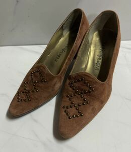 希少 美品 Yves Saint Laurent 90s vintage スタッズ 装飾 スウェード レザー ヒール パンプス ブラウン 36 23cm 23.5cm イヴサンローラン