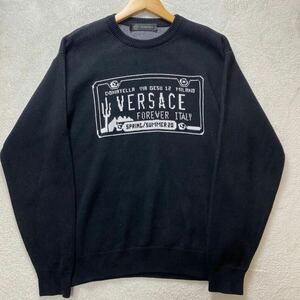 【極美品・現行モデル】 VERSACE ヴェルサーチ メンズ クルーネック ニット セーター ロゴ ブラック 50 XLサイズ