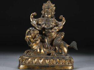 【瓏】古銅彫 塗金財寶天王坐像 清時代 古置物擺件 銅仏像 仏教文化 蔵出