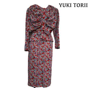 【美品古着】YUKI TORII 鳥居ユキ　ユキトリヰ　レトロ　花柄　セットアップ　リボン　ドレープ　レッド　９号　 ★1000