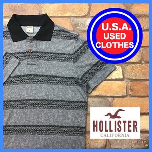 ME12-313★USA買付品★レアパターン【HOLLISTER】タイダイ ネイティブボーダー 半袖 ポロシャツ【メンズ M】グレー アメカジ ゴルフ ワーク