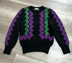 希少 Yves Saint Laurent 80s 90s vintage 総柄 ウール ニット セーター レディース M ブラック パープル グリーン イヴサンローラン 正規