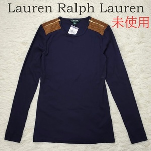 未使用 Lauren Ralph Lauren ローレンラルフローレン 長袖Tシャツ M ネイビー 緑タグ レディース ブランド ロンT ロゴ金具ファスナー 希少