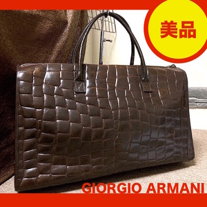 29Y241211H美品 GIORGIO ARMANI ジョルジオアルマーニ メンズ 検 クロコ型 ボストンバッグ 旅行鞄 ブリーフケース トート リュック レザー