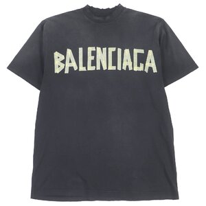 美品□BALENCIAGA バレンシアガ 23SS 739784 コットン ダメージ加工 テープロゴ ミディアムフィット 半袖Ｔシャツ ブラック XS 正規品