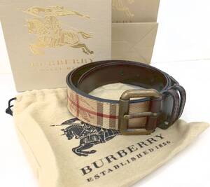 T195 BURBERRY バーバリー ノバチェック柄 馬柄 ベルト プレーンベルト 36/90 ゴールド金具 ベージュ他