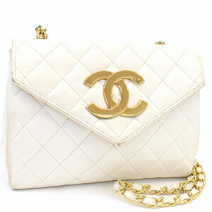 1円 ◎美品 CHANEL シャネル チェーンショルダーバッグ シングルフラップ デカココマーク レザー ホワイト◎E.Dssl.tI-15