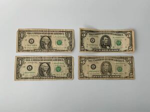 M-4413 ☆ 1円スタート ☆ アメリカ 旧紙幣 5ドル札 1ドル札 4枚 まとめ ドル紙幣 外国紙幣 アメリカドル