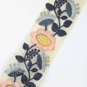 インド刺繍リボン 約48mm 花模様 ベビーピンク ネイビー