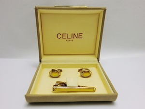 B24-740 CELINE セリーヌ カフス＆タイピンセット ゴールドカラー ロゴ メンズ アクセサリー ケース付き 中古