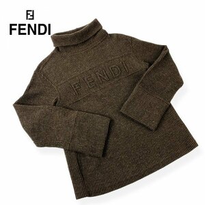 ★高級生地★ FENDI フェンディ ウール混 ロゴ ハイネック 厚手 ゆったり タートルネック ニットセーター 90s ヴィンテージ ブラウン 38 M