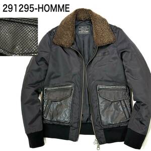 極美品!!291295=HOMME TYPE P-29 襟 ムートン ベビ革 パイソン レザー フライトジャケット(48)ブラック メンズ ブルゾン ミリタリー G-1