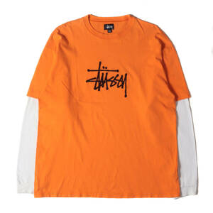 STUSSY ステューシー Tシャツ サイズ:XL 00s OLD STUSSY 袖レイヤード ロングスリーブTシャツ USA製 オレンジ ホワイト 90年代 トップス