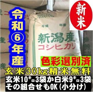 新米　令和6年産新潟コシヒカリ30kg（10k×3）精米無料★農家直送色選済２７