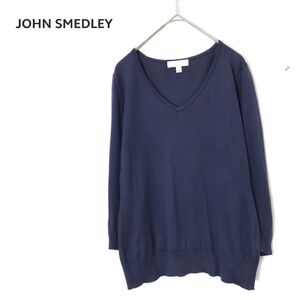 1O2979-N◆良品◆ イギリス製 JOHN SMEDLEY ジョンスメドレー コットンニット ハイゲージ 薄手 Vネック ◆ sizeS ネイビー 綿 レディース