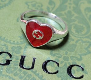 新品未使用　GUCCI インターロッキング　ダブルG ハート　レッド リング シルバー　日本サイズ　12号　指輪　レディース　銀　アクセサリー