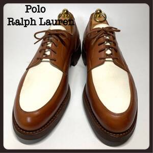 美品 Polo Ralph Lauren ポロ ラルフローレン Crockett&Jones クロケットアンドジョーンズ製 白 茶 コンビ シューズ 7.5